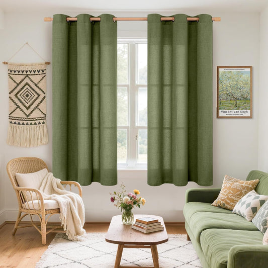 YoungsTex Olive Linen Curtains 54 Inch Length 2 Panels for Short Window, Dark Green Semi Sheer Drapes Light Filtering with Bronze Grommet for Living Room Bedroom, 42 X 54 Inch