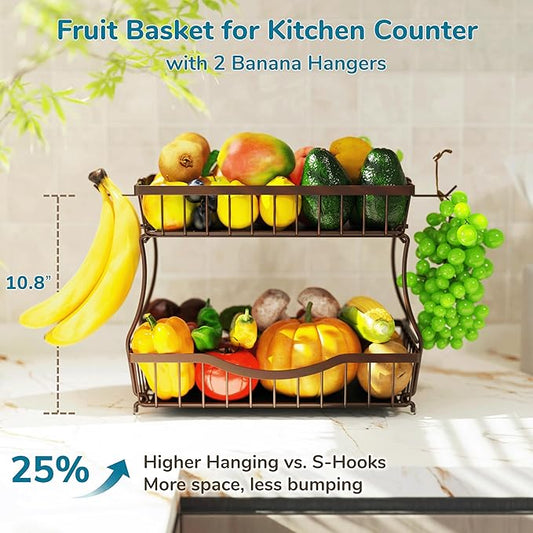 Large 2-Tier Fruit Basket for Kitchen Counter with 2 Banana Hangers – Metal Fruit Bowl for Onion, Vegetable, Snacks, Breads Storage – Countertop Organizer – Bronze