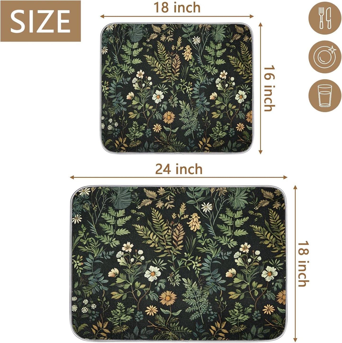 Dish Drying Mats for Kitchen - Green Leaves Wall Hanging Pad with Microfiber Fabric, Reusable Non-slip Absorbent Dishmats for Cook House Counter Coffee Bar Dining-tables, 18"x24"