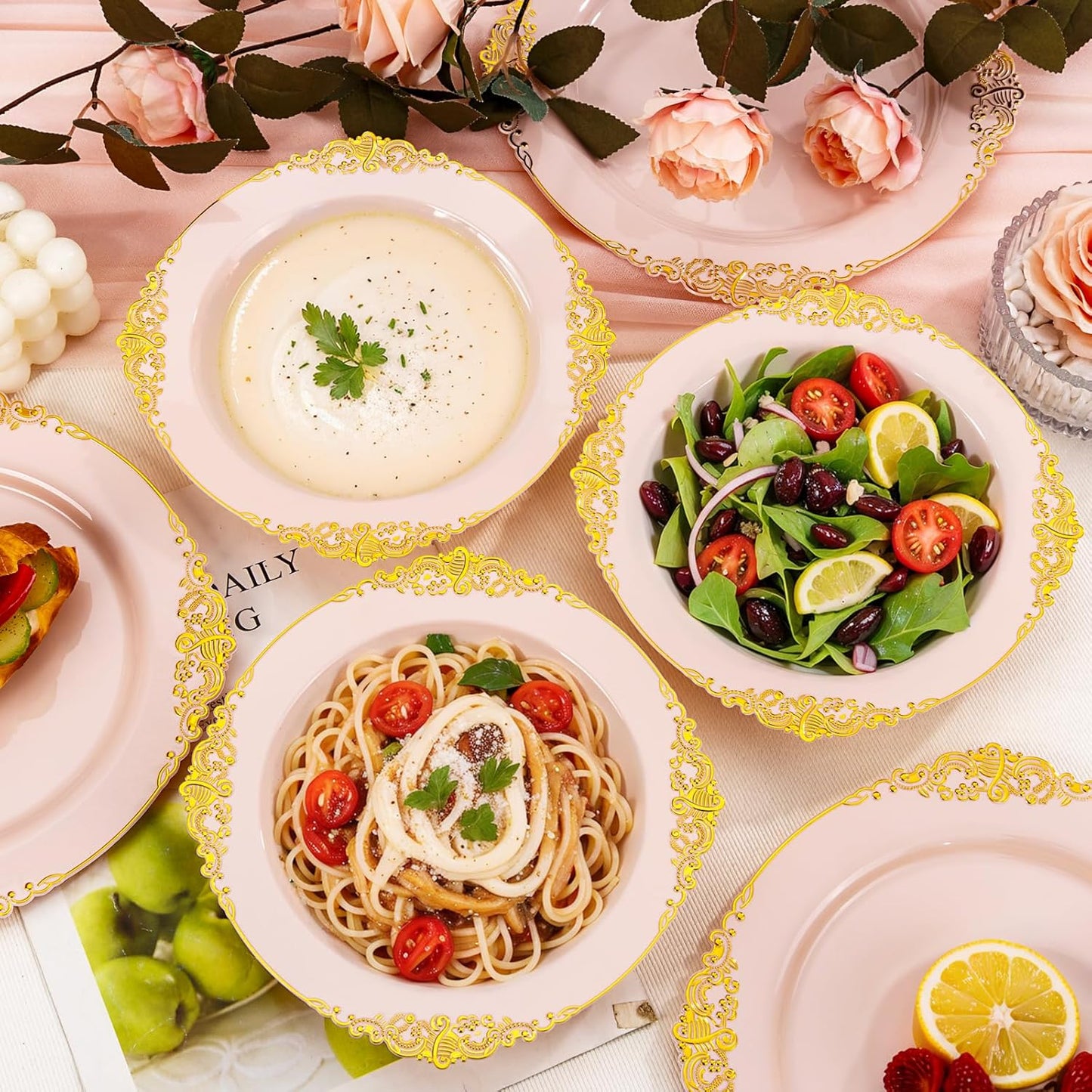 100PCS Pink Plastic Bowls - 12 oz Pink Gold Disposable Salad Bowls - Heavy Duty Disposable Soup Bowl - Fancy Plastic Ice Cream Bowl for Weddings Parties Dinners Picnics