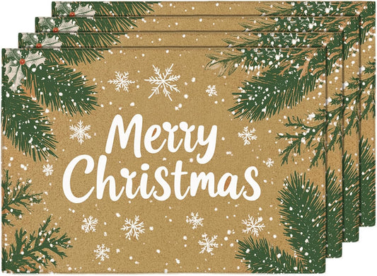 MANSPHIL Brown Christmas Placemats Set of 4 Snowflake Fabric Table Mats Farmhouse Table Decor Cotton Faux Linen Place Mats Heat Resistant Washable Dining Kitchen - 13x19 Inch Oeko Tex Placemat