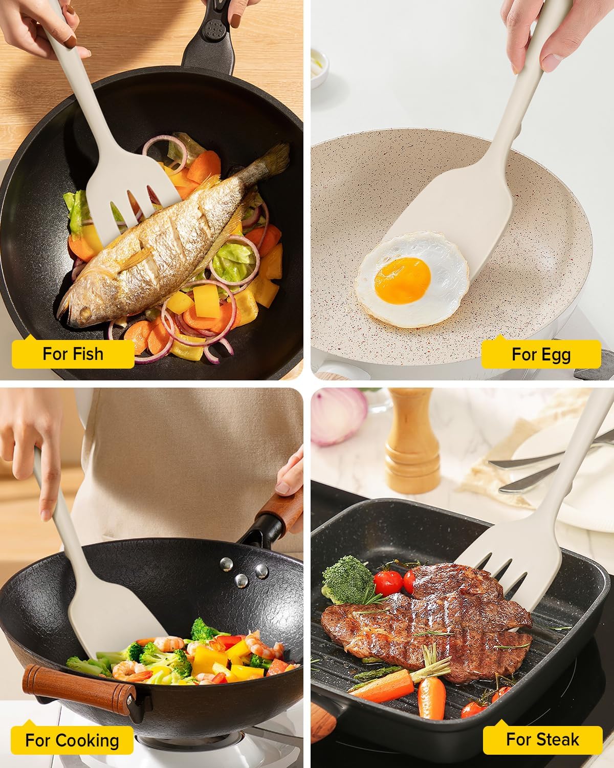 Pack of 2 Silicone Spatula Turners, Non Stick Slotted Kitchen Spatula Set, Heat Resistant BPA Free Kitchen Utensils, One-Piece Design, Suitable for Flipping Fish, Eggs, Steak, Pancakes(KHAKI)