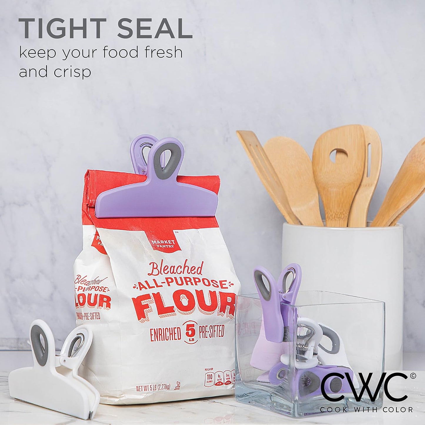 COOK WITH COLOR Bag Clips - Heavy Duty Chip Clip and Refrigerator Magnet Clips for Food Storage with Air Tight Seal Grip, Lavender, Pack of 8