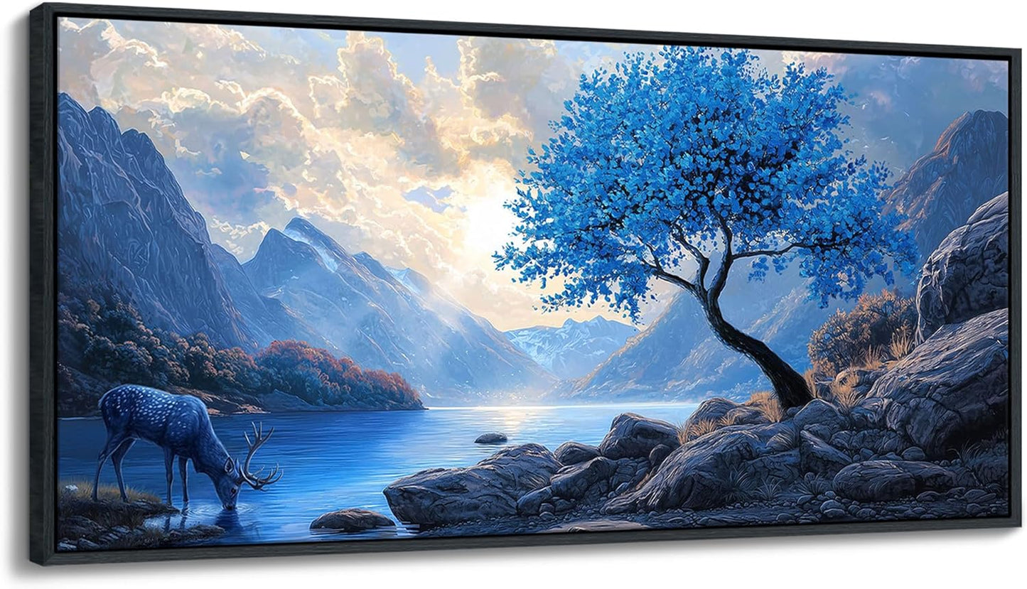 HKDGOKA Blue Tree Landscape Wall Art - Mountain Lake Clouds Sunset Framed Painting Eagles & Deer Scenery Wall Picture for Artwork for Living Room Kitchen Farmhouse Modern Bedroom Decor 20x40 IN