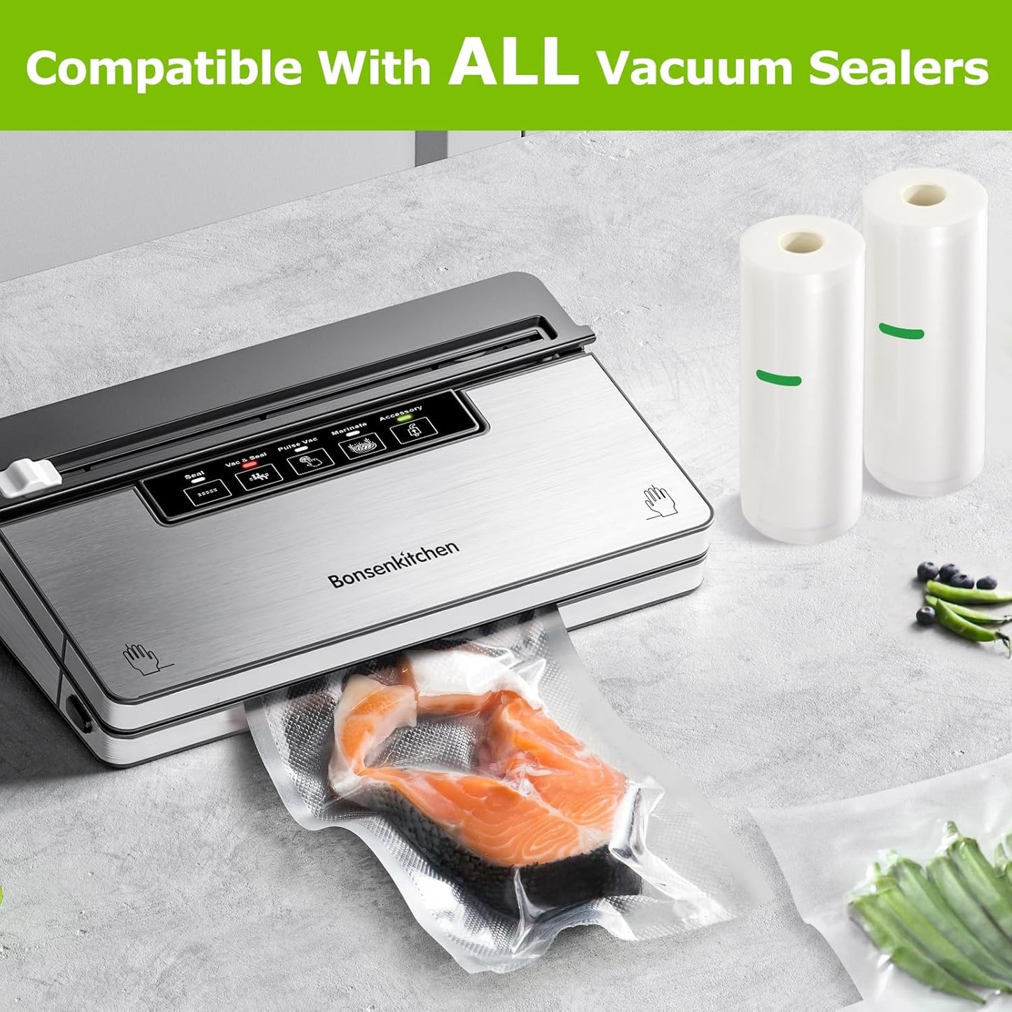Bonsenkitchen Vacuum Sealer Bags Rolls, 8 in x 50 ft Rolls 2 pack Durable Food Sealer Bags, Commercial Grade, Heavy Duty, BPA Free, Seal a Meal, Great for Food Storage & Sous Vide Cooking, VB23