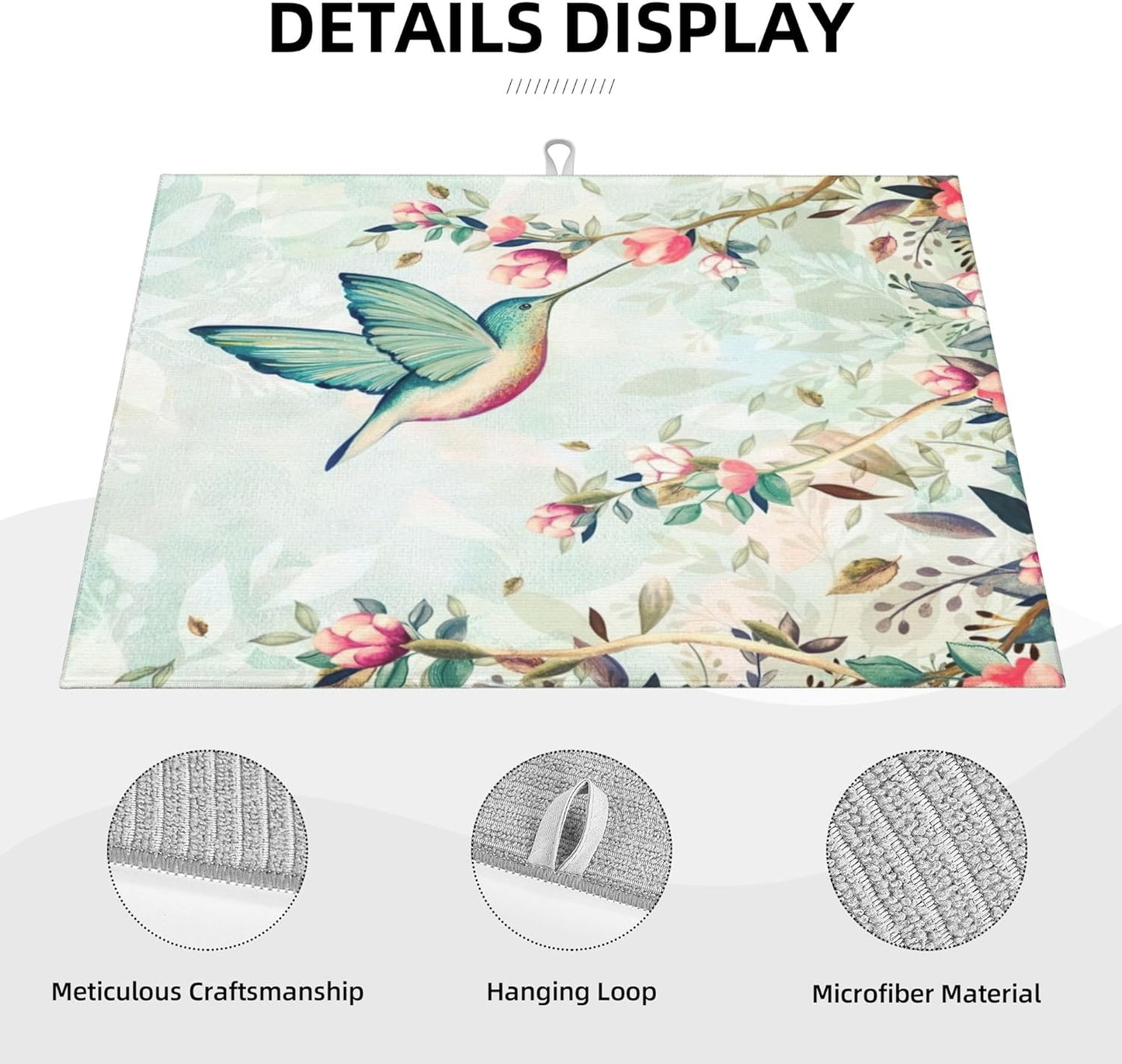 Hummingbird Flowers Dish Drying Mat 18x24 Inch, Microfiber Absorbent Fast Dry Mat Large Dish Mat Drying Kitchen Mat, Kitchen Drying Pad for Kitchen Counter Coffee Bar Decor Gifts