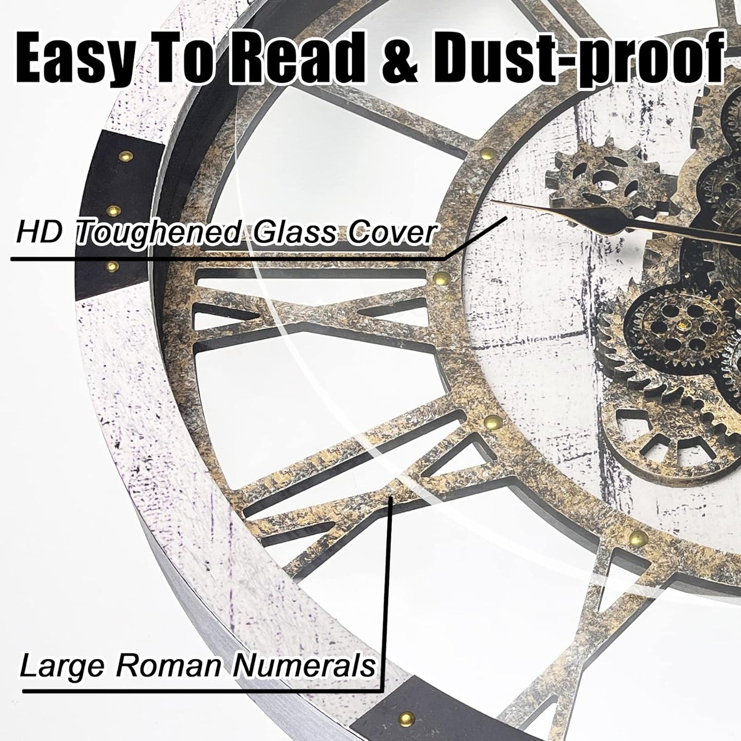 DORBOKER 30" Large Wall Clock Moving Gears,Oversized Industrial Rustic Farmhouse Clocks for Living Room Decor Office Home, Solid Wood Retro Metal HD Tempered Glass Cover, White Grey
