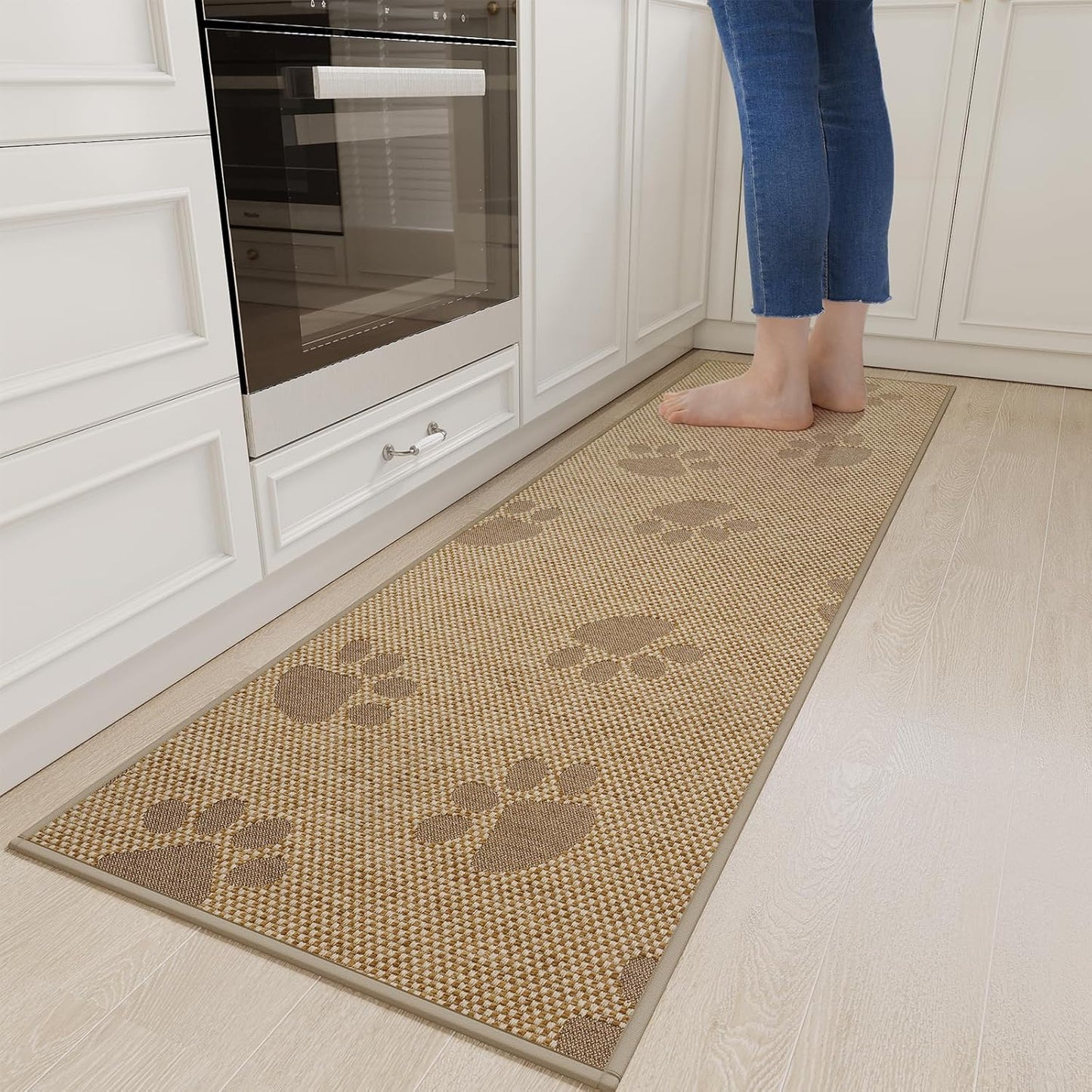Non-Slip Kitchen Mats for Floor, Soft Woven Linen Embroidery Kitchen Runner Rug - Super Absorbent Washable Kitchen Sink Mat with Rubber Backing for Office & Home Brown 17x59