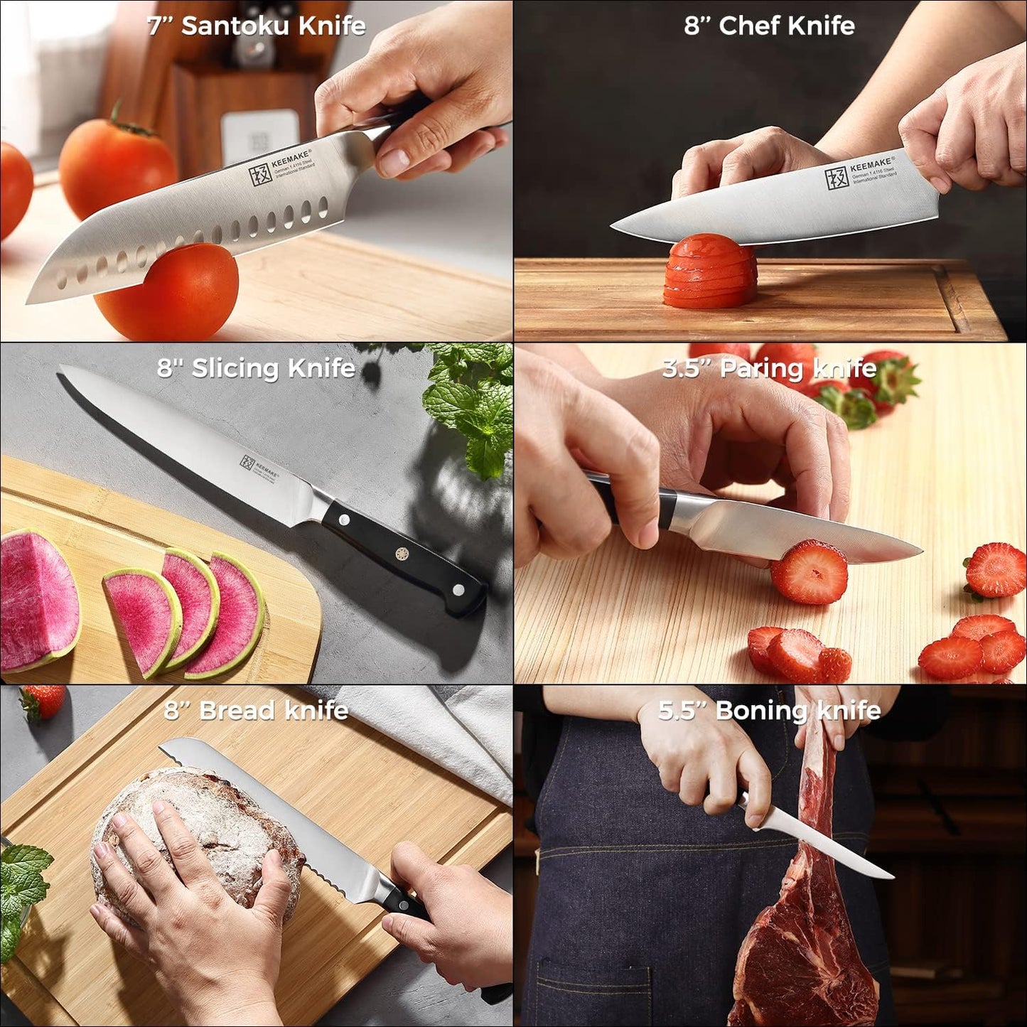KEEMAKE Kitchen Knife Set with Block, 8Pcs Razor Sharp Chef Knife Set, High Carbon Stainless Steel Knife Block Set with Kitchen Scissors, Cooking Knife Set for Meat Vegetable Fruit