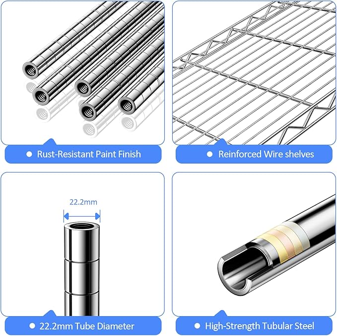 IZEUK 5-Tier Storage Shelving Unit with Wheels, Adjustable Heavy Duty Steel Wire Rack Organizer (Chrome, 17.7" D x 47.2" W x 76.7" H, 1750 lbs Capacity) for Garage, Kitchen, Pantry, Laundry