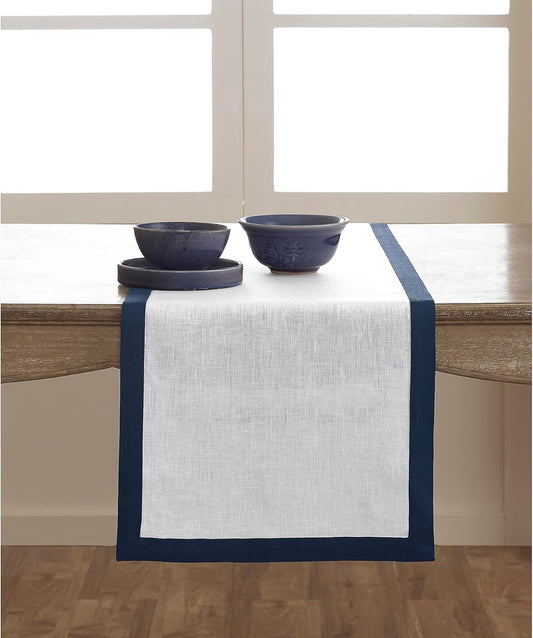 Solino Home Linen Table Runner 36 Inches - 100% Pure Linen Navy and White Table Runner 14 x 36 Inch Ideal for Dresser and Coffee Tables - Fall, Autumn, Thanksgiving, Holiday - Classic