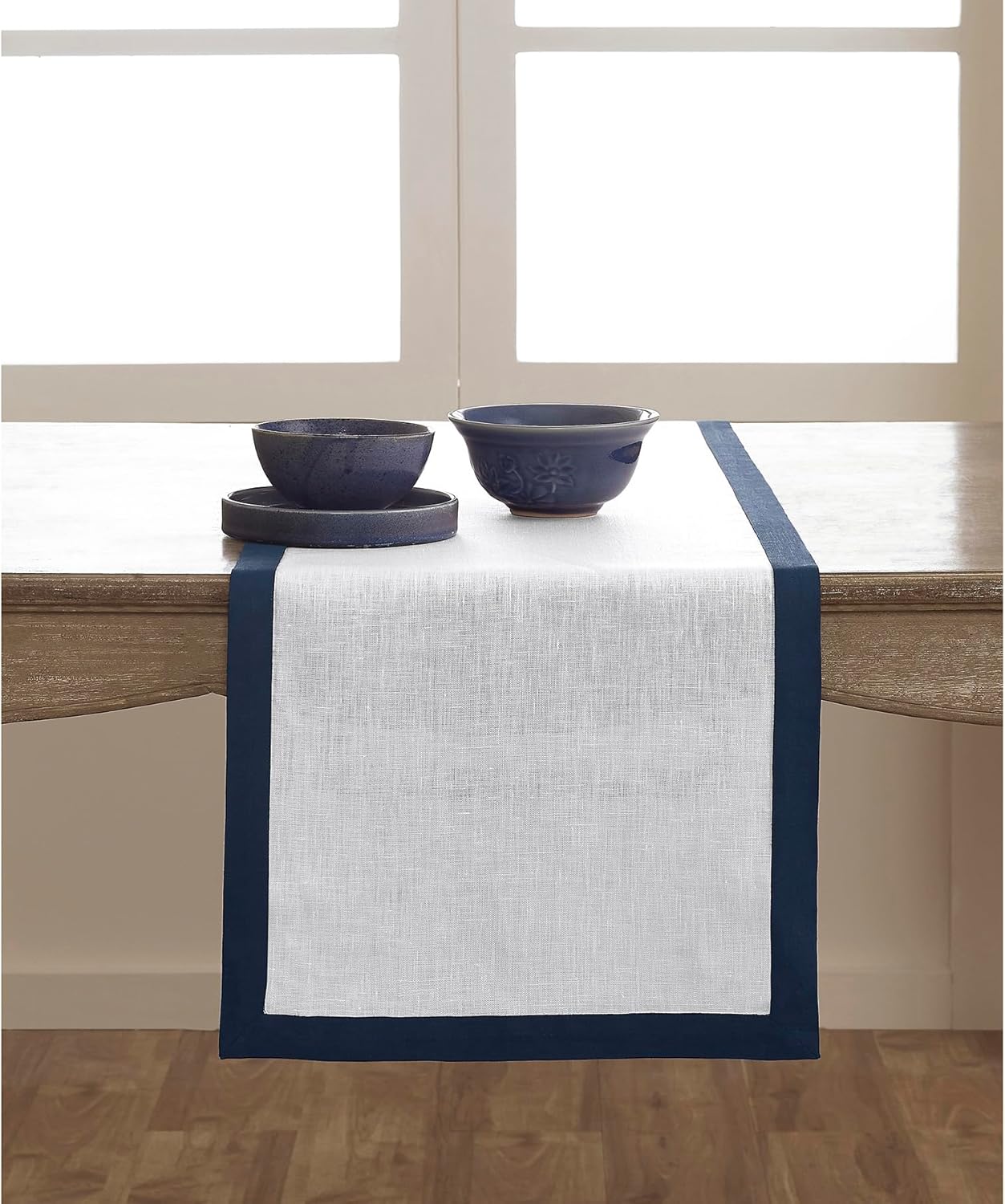 Solino Home Linen Table Runner 120 Inches Long - Navy and White 100% Pure Linen 14 x 120 Inch Table Runner for Dining, Fall, Autumn, Thanksgiving, Christmas, Holiday - Classic