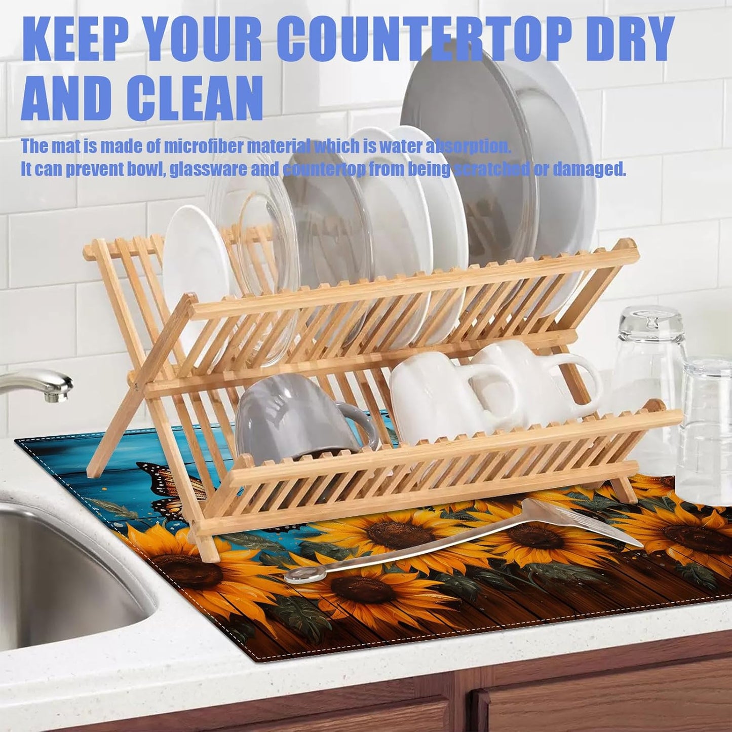 Sunflower Butterfly On Wooden Board Dish Drying Mat for Kitchen Counter Drying Pad Absorbent Reversible Dish Drainer Rack Mats Draining Pad 18"x24"Inch