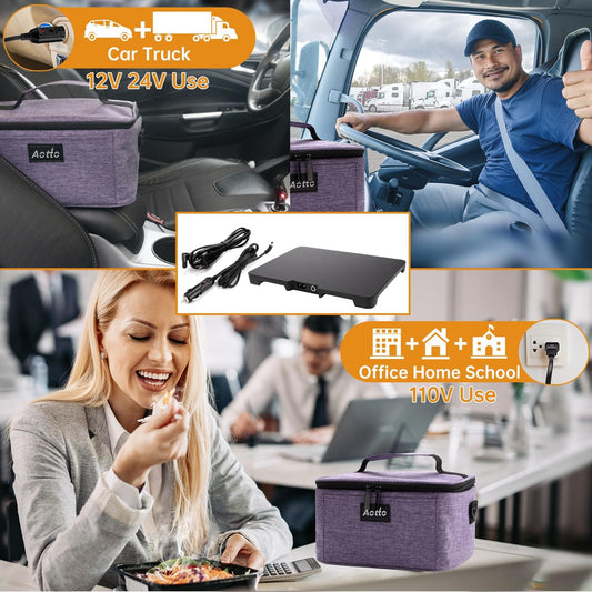 Aotto Portable Electric Lunch Box Food Heater, 12V/24V/110V 3-in-1 Car Food Warmer Heated Lunch Box for Adults, Cook, Reheat & Keep Meals Warm for Car, Truck, Travel, Work, Home - Purple