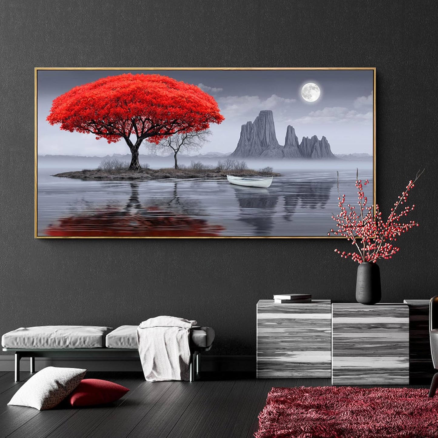 XLSJERST Large Wall Art - Red Tree Living Room Wall Decor Frame Modern Canvas Artwork Moon Landscape Lake Picture for Bedroom Office Black and White Wall Art 58x29 Inches