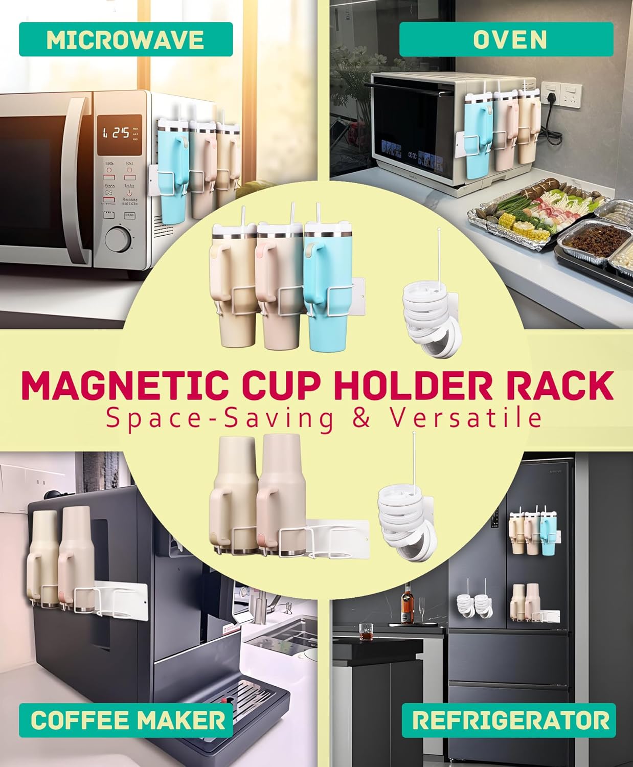 Magnetic Tumbler Holder for Stanley, Magnetic Cup Organizer for Refrigerator, Compatible with Stanley 30oz & 40oz Tumblers, Water Bottle Magnetic Rack (White, 6 Tumblers& 2 Lid Holder)