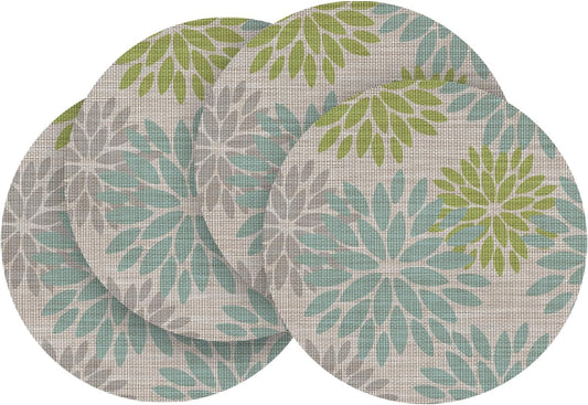 Artoid Mode Light Green Dahlia Plastic Round Placemats Set of 4, 14 Inch Seasonal Wipeable Woven Vinyl Table Mats for Farmhouse Party Kitchen Dining Decor