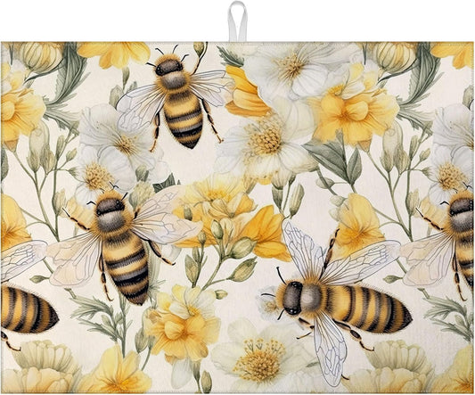 Watercolor Bee Floral Dish Drying Mat for Kitchen Counter Drying Pad Absorbent Reversible Dish Drainer Rack Mats Draining Pad 18"x24"Inch