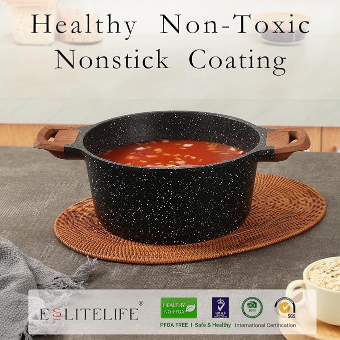 ESLITE LIFE Nonstick Stock Pot with Lid, 7 Quart Granite Casserole Large Soup Pot Pasta Cooking Pot, Induction Compatible, PTFE & PFOA Free, Black