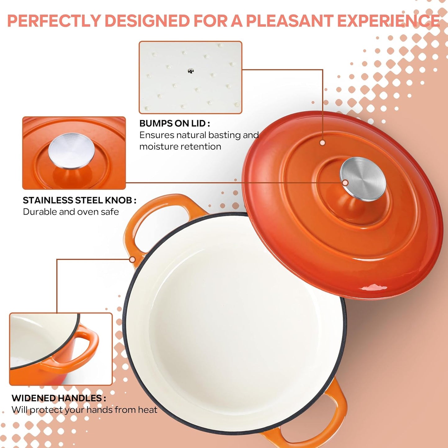 Herogo Enameled Cast Iron Dutch Oven with Lid and Dual Handles, 3QT Heavy Duty Round Dutch Oven Pot for Bread Baking Stewing Roasting, Nonstick & Easy Cleanup, Safe for Various Stovetops - Orange