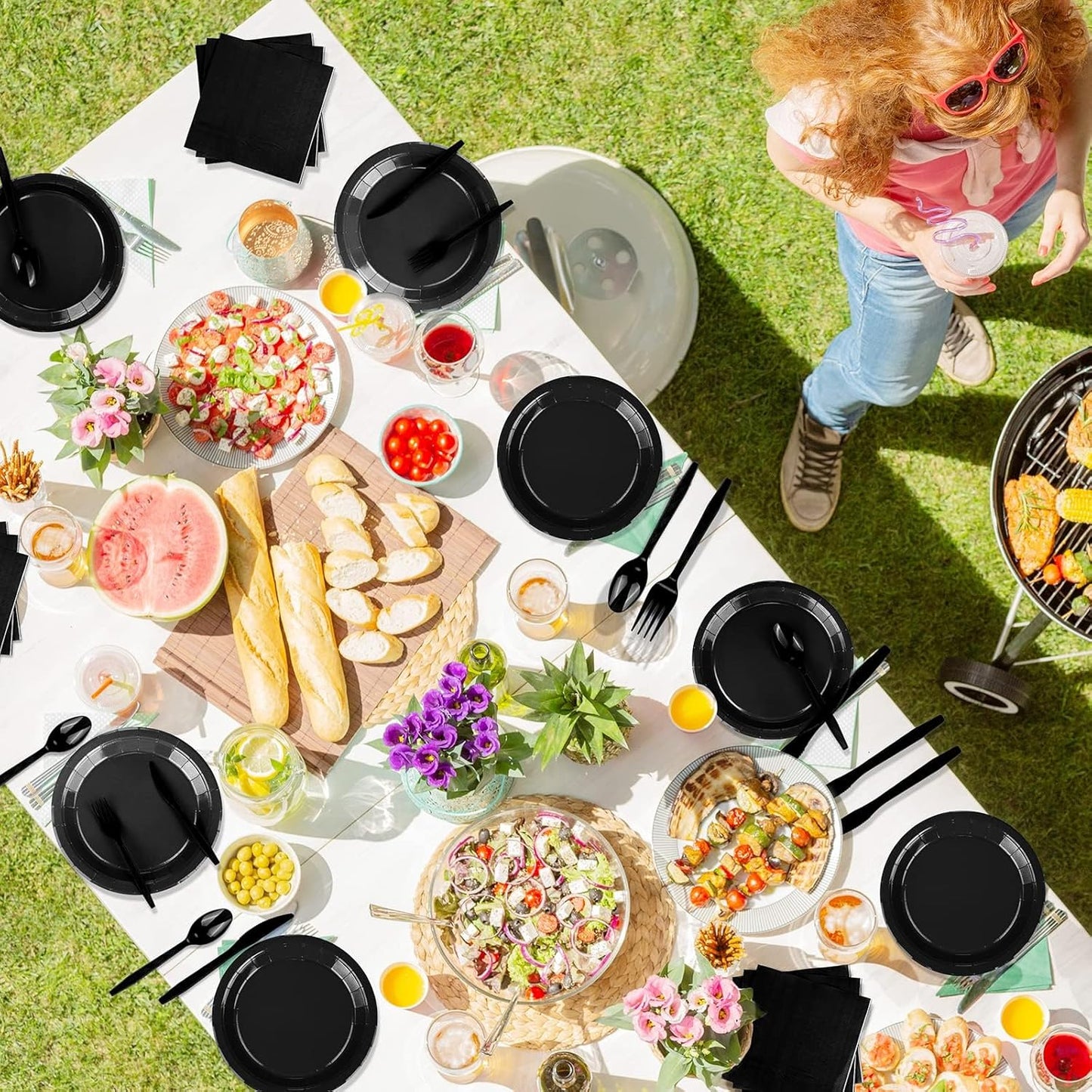 TWOWYHI 228PCS Black Party Supplies Set Include Paper Plates Cups Black Napkins Plastic Spoons Forks Knives for 30 Guests Disposable Party Dinnerware for Birthday Wedding Family Picnic