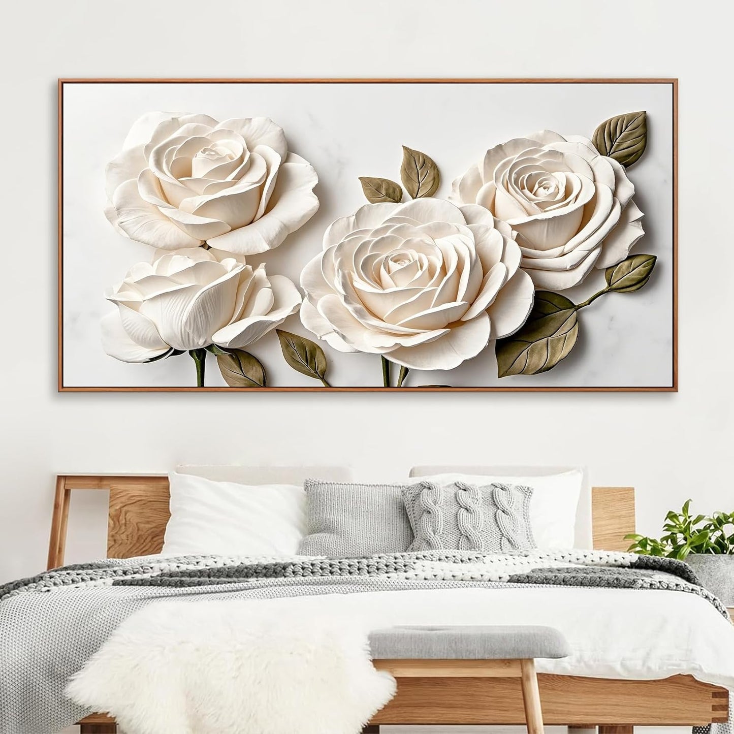 Suconvng Large Floral Wall Art Modern Canvas Art Wall Decor Painting White Flower Wall Art For Bedroom Office Home Wall Decoration 29" X 58" With Framed Wood Frame