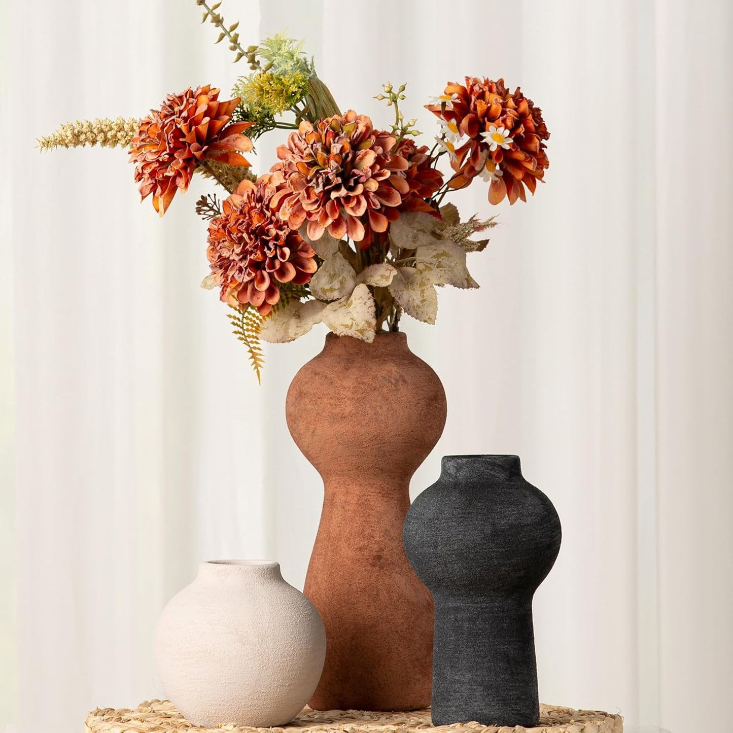 Ceramic Vase Home Table Decor - Flower Vase Set of 3 Living Room Kitchen Decorations Farmhouse Modern Rustic Vases Decorative Centerpiece for Shelf Bedroom Office Bathroom Dining Coffee Desk