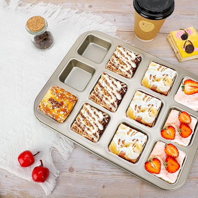 Beasea Brownie Pan with Dividers, 1 Set Gold All Edges Square Cupcake Brownie Pans 12 Cavity Mini Non Stick Baking Carbon Steel Bread Mold Small Edge 3x4 Individual Cutter Sheet Tray for Cake Oven