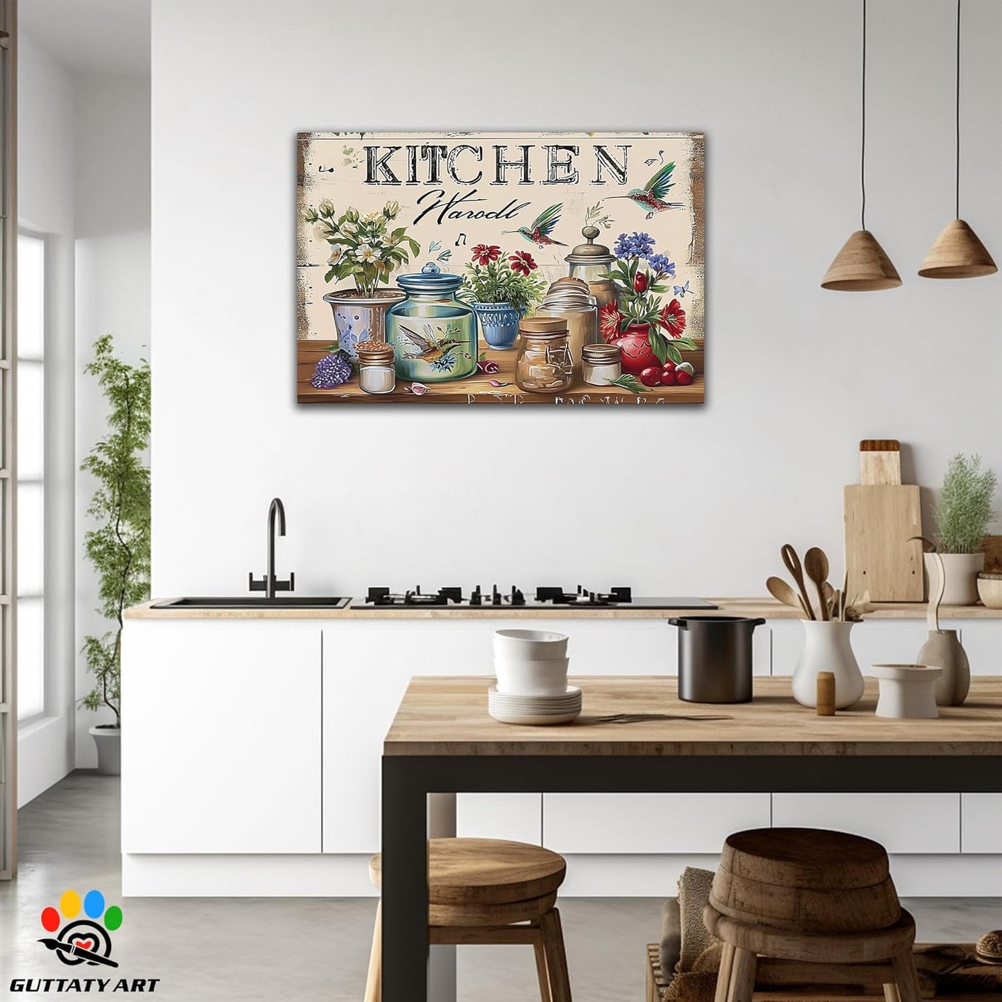 GUTTATY Farmhouse Wall Art Rustic Kitchen Decor, Ready to Hang Kitchen Canvas Print Colorful Flowers And Bird,Vintage Posters Prints for Dinning Room Home Kitchen Restaurant Painting 32×48 Inch