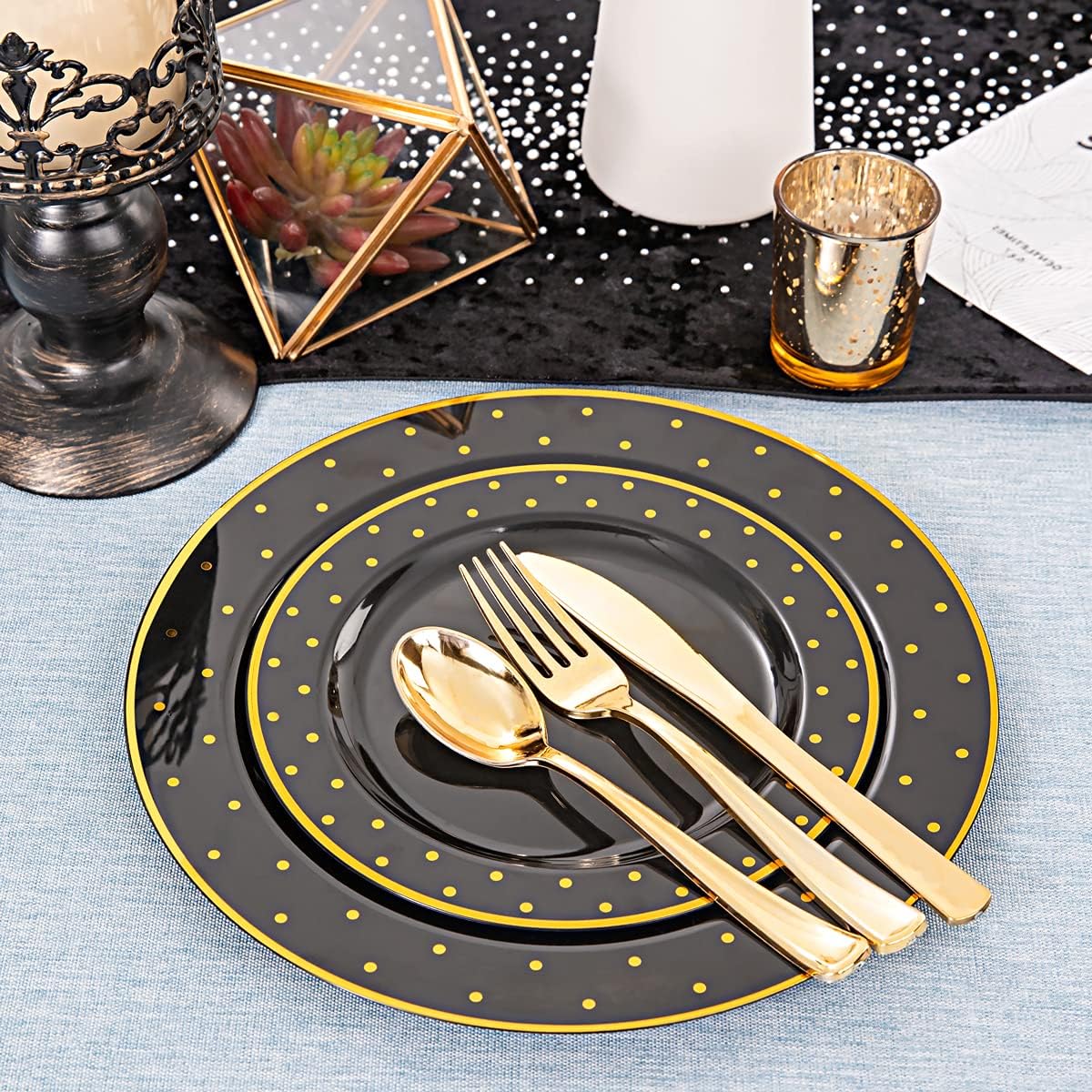 DaYammi 200Pcs Black and Gold Plates Black Plastic Disposable Plates for Party Black Gold Supplies Includes 40 Dinner Plate,40 Dessert Plate,40 Forks,40 Knives,40 Spoons for Halloween Party