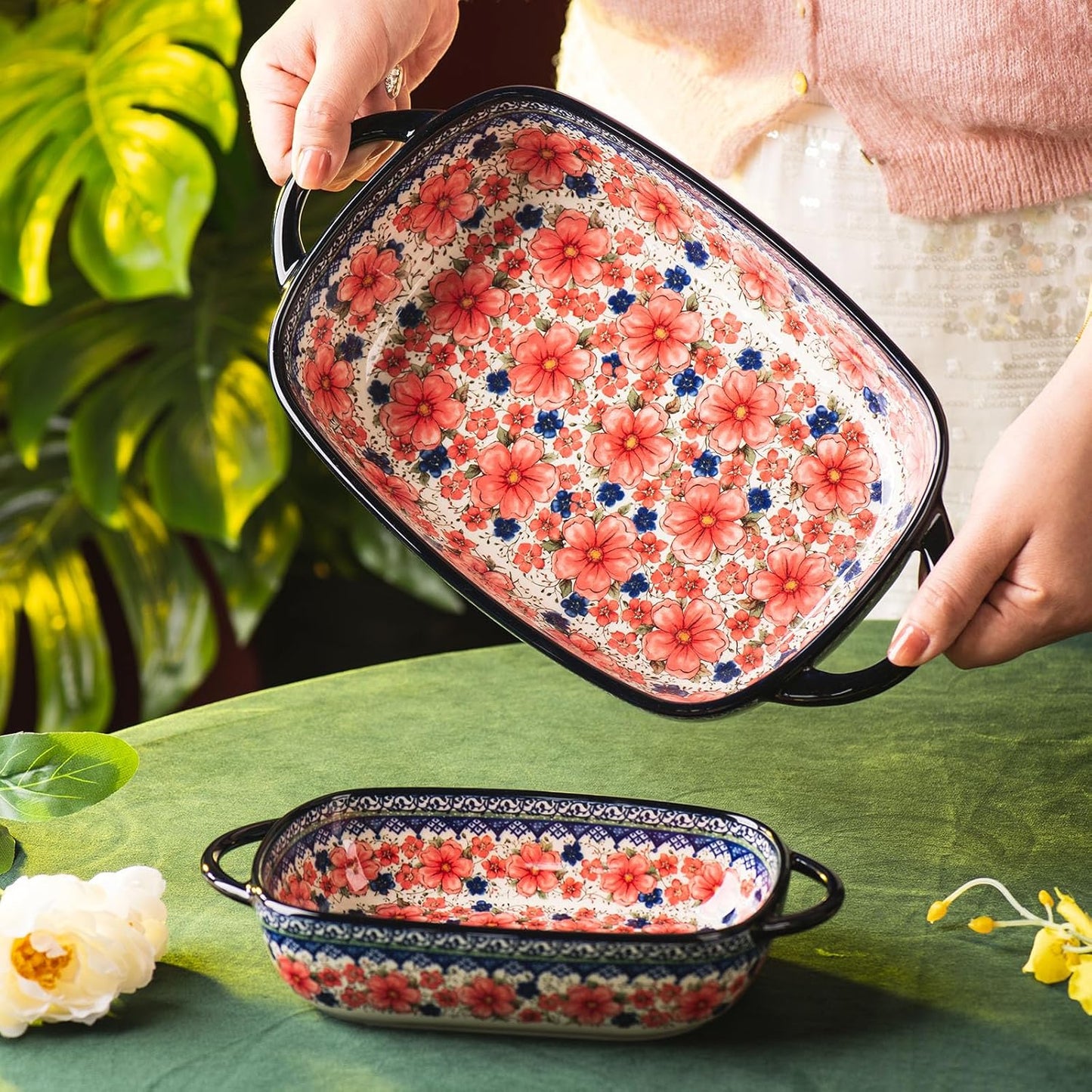 Baking Dish Ceramic Baking Pan Blue Casserole Dish Porcelain rectangular Baking Set 2pcs Bakeware Sets Lasagna Pan Baking Dishes for oven(Pum flower)