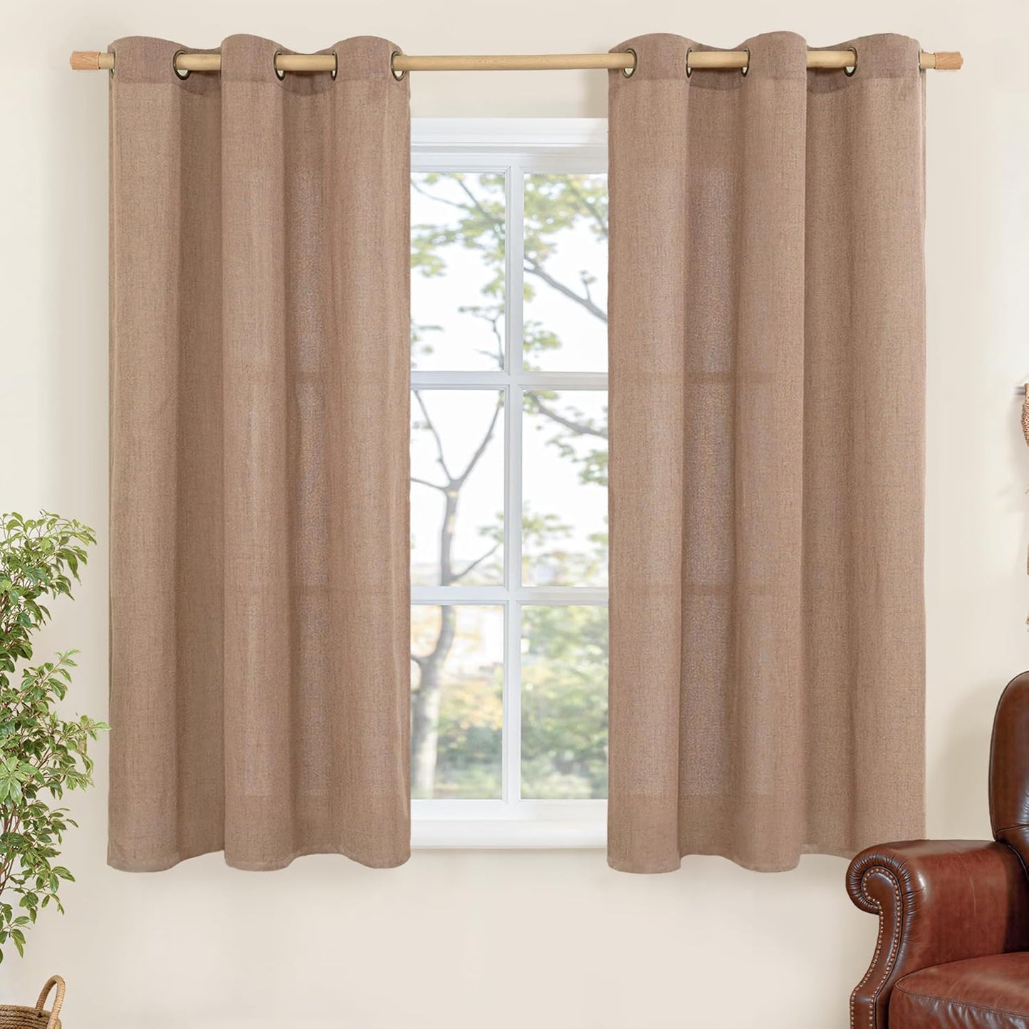 YoungsTex Linen Curtains 54 Inches Length, Mocha Textured Light Filtering Drapes with Bronze Grommet for Short Living Room Bedroom, 2 Panels, 42 X 54 Inch