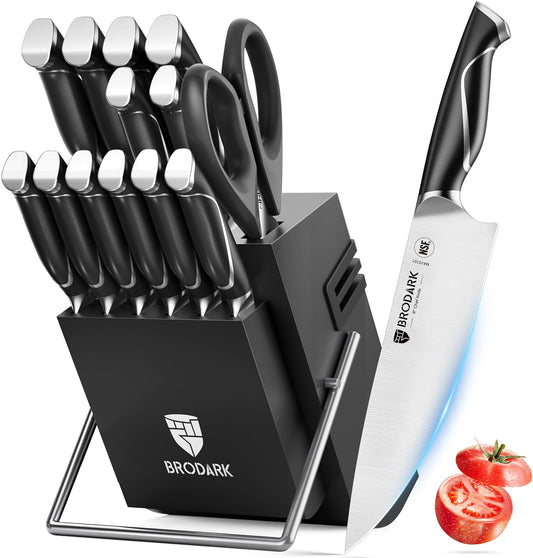 BRODARK Kitchen Knife Set with Block and Sharpener, 15 Pcs Sharp Knives Set for Kitchen, Stainless Steel Full Tang Knife Block Set, Ergonomic Handle Professional Chef Kitchen Knives Sets