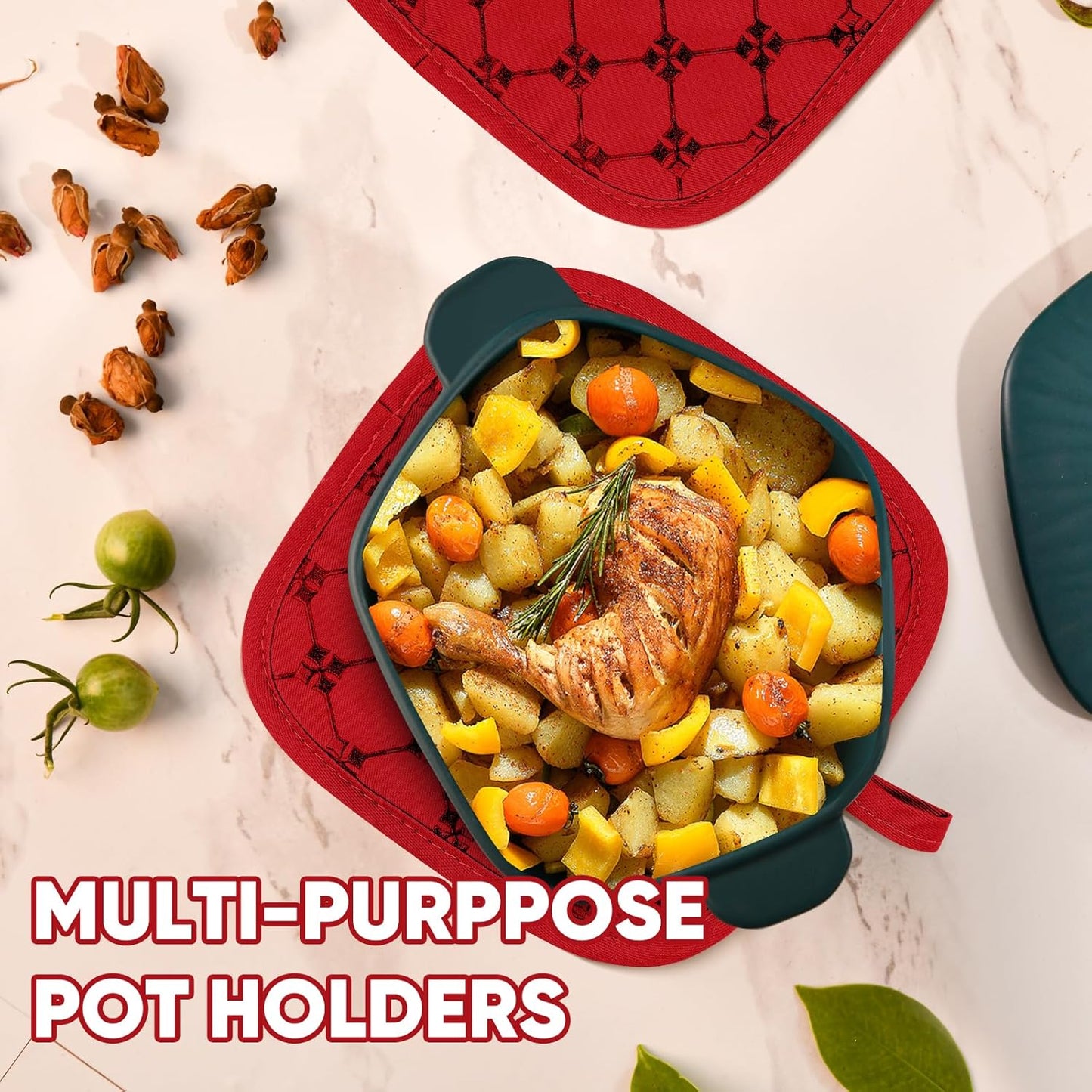 Oven Mitts Kitchen Towels Dishcloths with Pot Holders Sets 12PCS, Dish Towels Sets, Oven Gloves Pot Pads Heat Resistant 500 Degrees with Non-Slip Silicone Surface for Cooking Baking Grilling Red