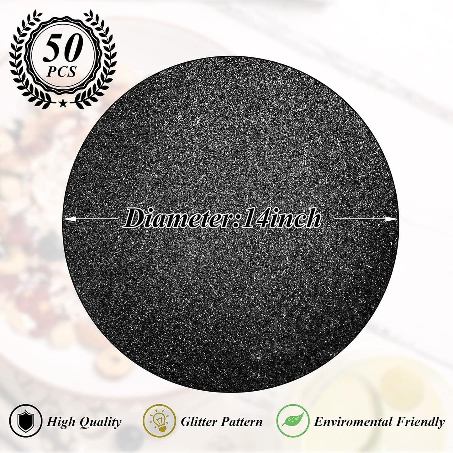 50 Pieces Black Glitter Paper Place Mats Sparkle 14'' Round Disposable Table Mats Black Doilies Decorative Placemats for Wedding Banquet Party Home Dining Table Decor