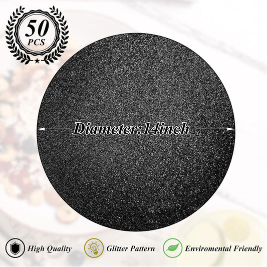 50 Pieces Black Glitter Paper Place Mats Sparkle 14'' Round Disposable Table Mats Black Doilies Decorative Placemats for Wedding Banquet Party Home Dining Table Decor