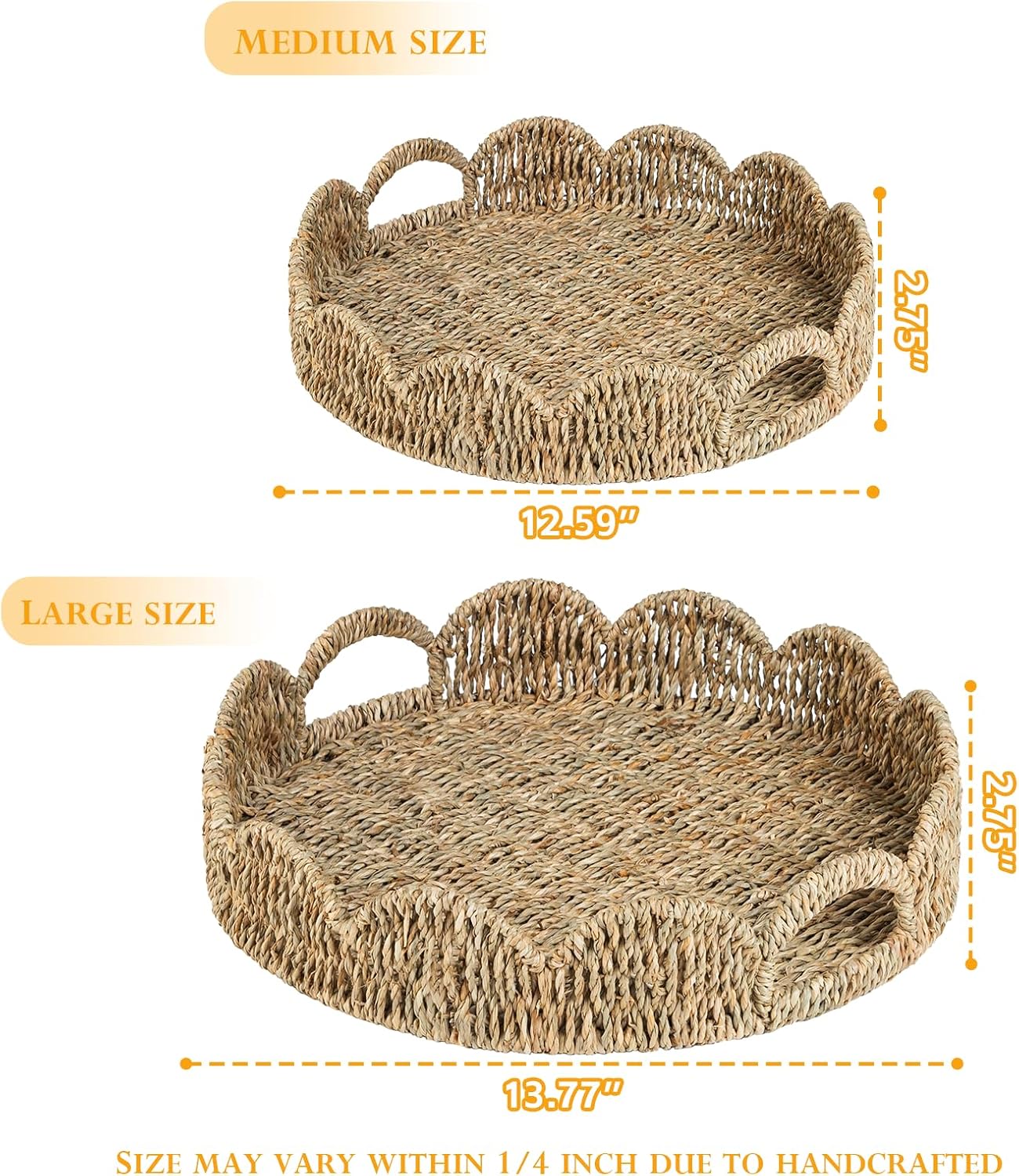Scalloped Serving Tray, 13.8" Woven Round Table Decor Tray, Wicker Rattan Basket with Handles, Natural Seagrass Tray for Room Decor, Set of 2