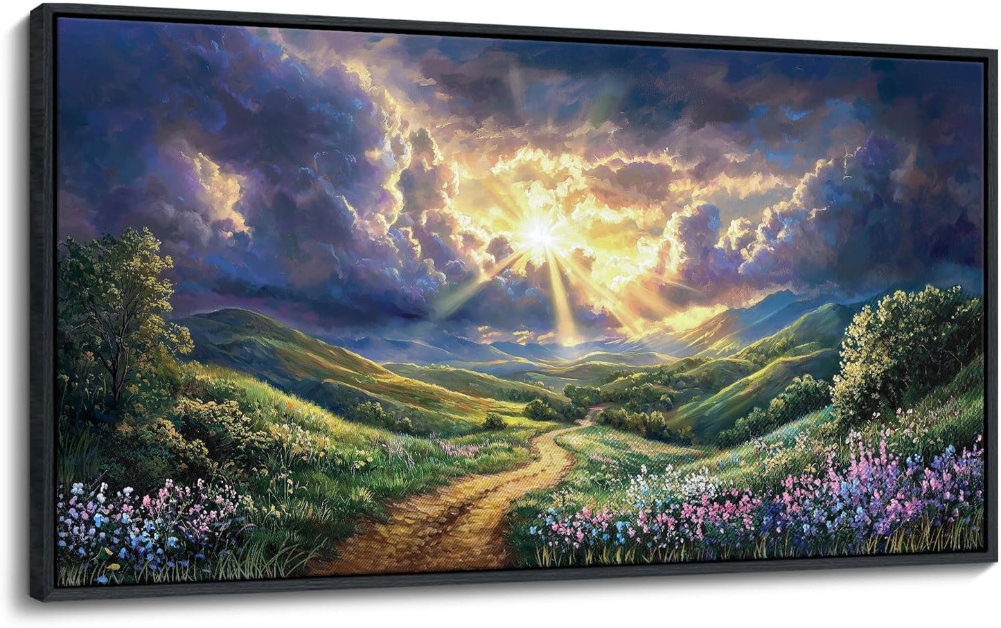 HKDGOKA Large Bedroom Wall Art, Purple Green Landscape Paintings Sun Clouds Mountains Flowers Canvas Pictures Framed Artwork for Living Room Office Kitchen Home Wall Decor 24x48 IN