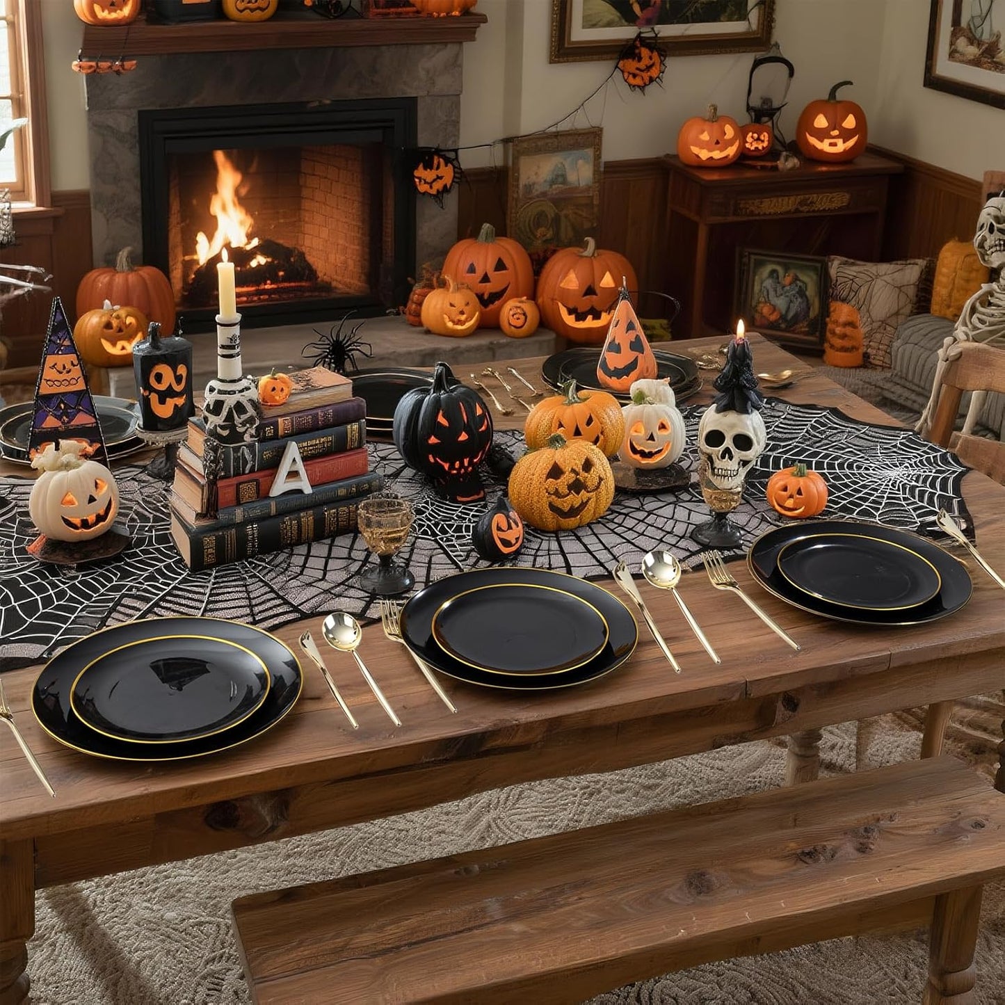 EI 180pcs Black Plastic Plates Black and Gold Disposable Plates Gold Plastic Dinnerware Set Silverware and Cups for Birthday,Wedding,Festival,Party Graduation,Halloween