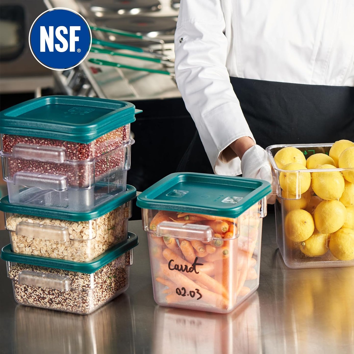 CURTA 4-Pack Food Storage Containers with Green Lids - 2 Qt & 4 Qt Square Clear Polycarbonate - NSF Listed, Commercial Grade, Freezer & Dishwasher Safe, Stackable