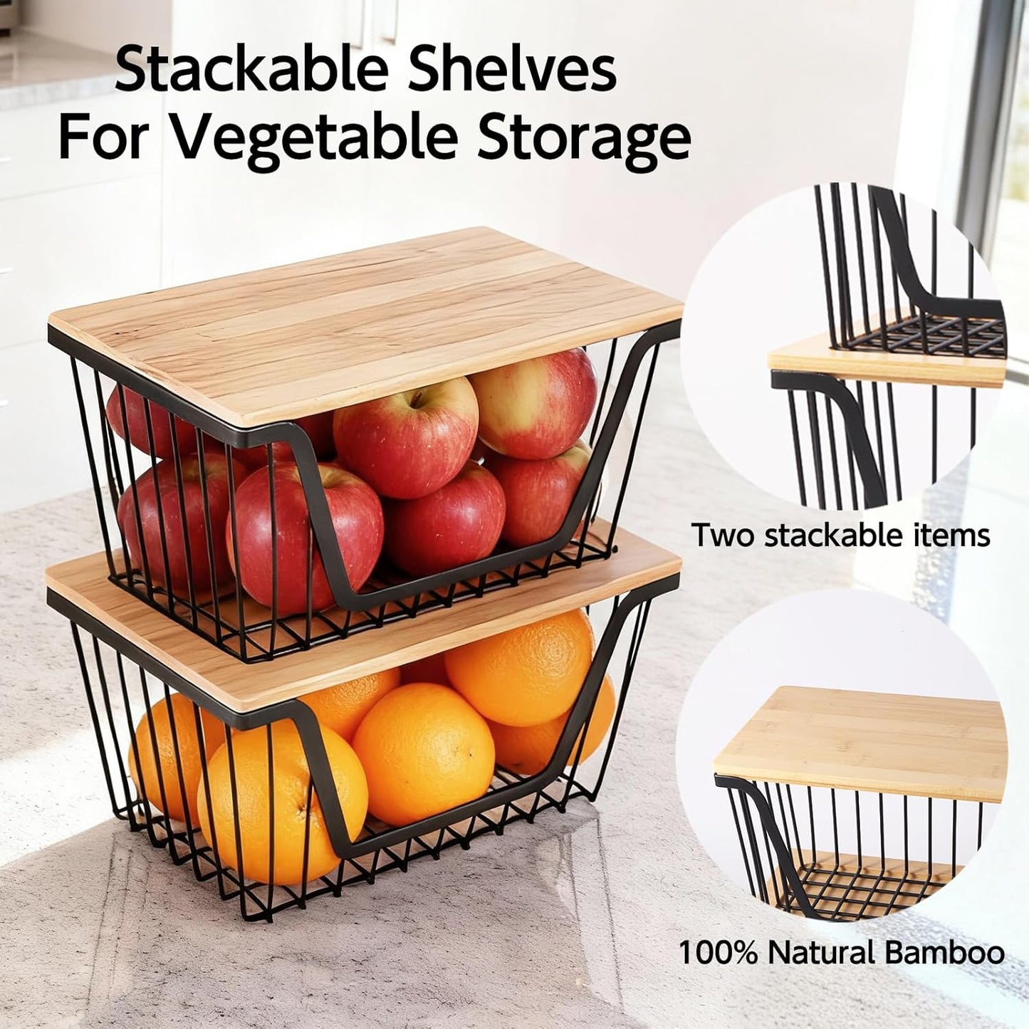 2 Pack Onion and Potato Storage Bins, Stackable Pantry Organizers Storage, Large Wire Storage Basket for Onion, Potato, Fruit, Vegetables