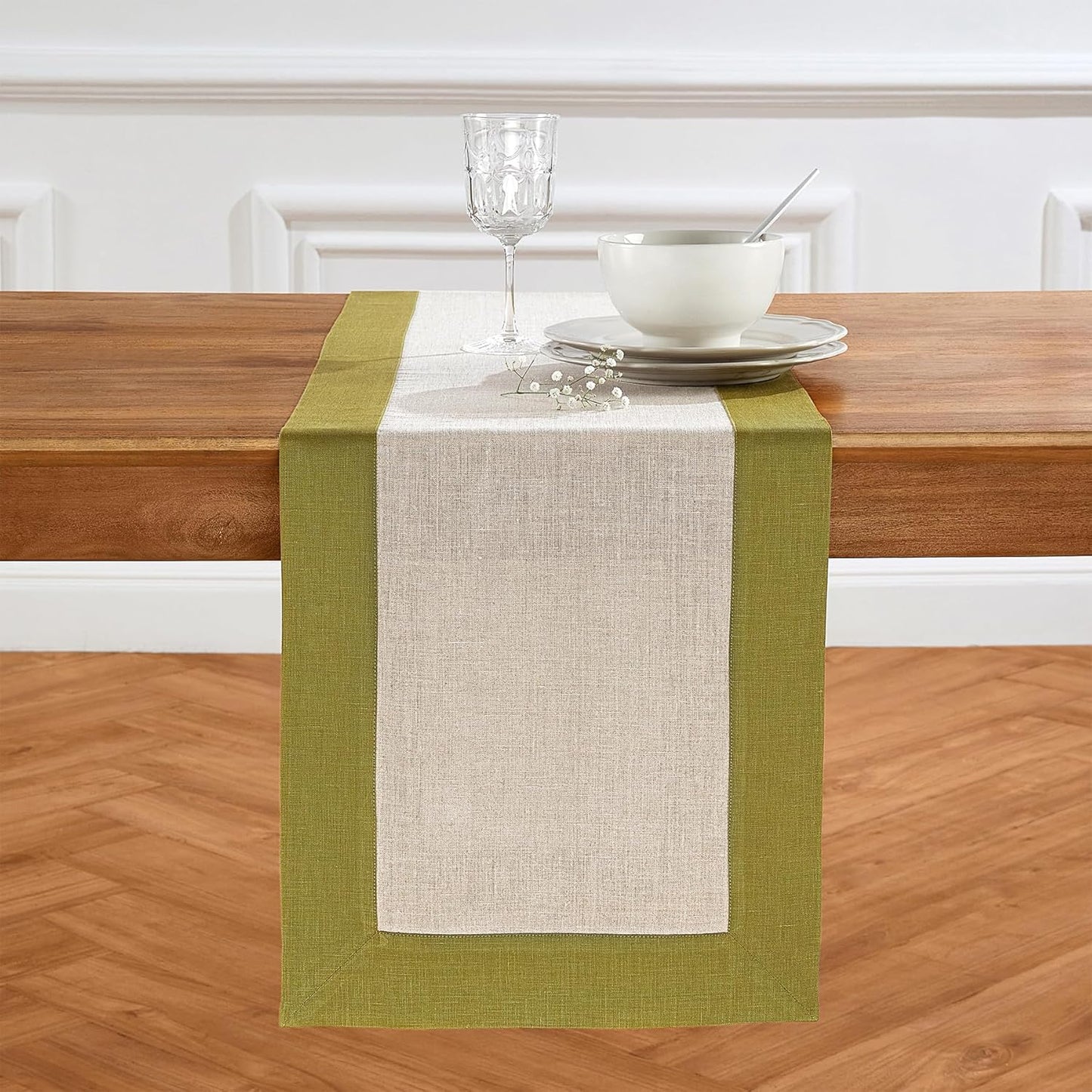 Solino Home Linen Table Runner 60 Inches - 100% Pure Linen Avocado and Natural Short Table Runner 14 x 60 Inch Ideal for Dresser and Coffee Tables - Contempo - Thanksgiving
