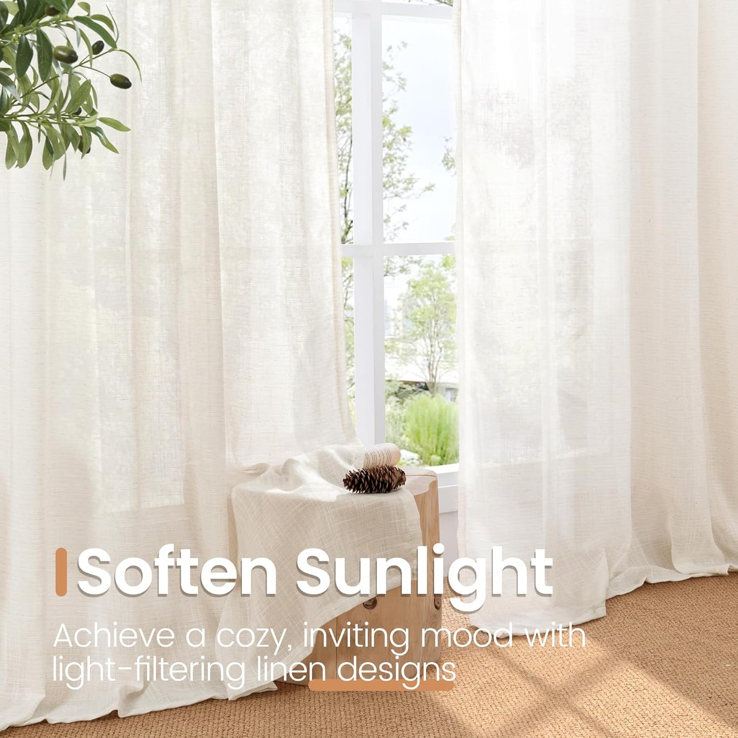 BGment Natural Linen Curtains 63 Inch Length for Living Room - Rod Pocket Textured Light Filtering Window Drapes for Bedroom Farmhouse Lightweight Rustic Decor, 2 Panels Set, 42 X 63 Inch