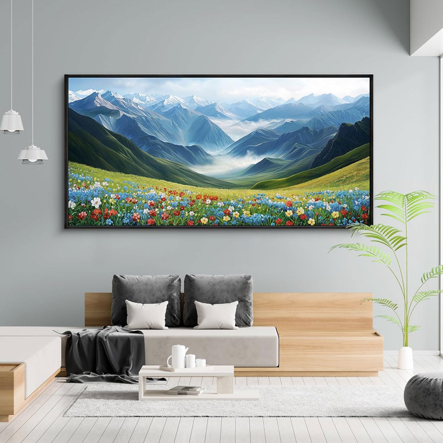 KLAKLA Mountain Wall Art - Large Landscape Living Room Wall Decor Rustic Wild Daisies Misty Forest Snowy Mountains Canvas Picture Framed Artwork for Walls - 48x24 Inches