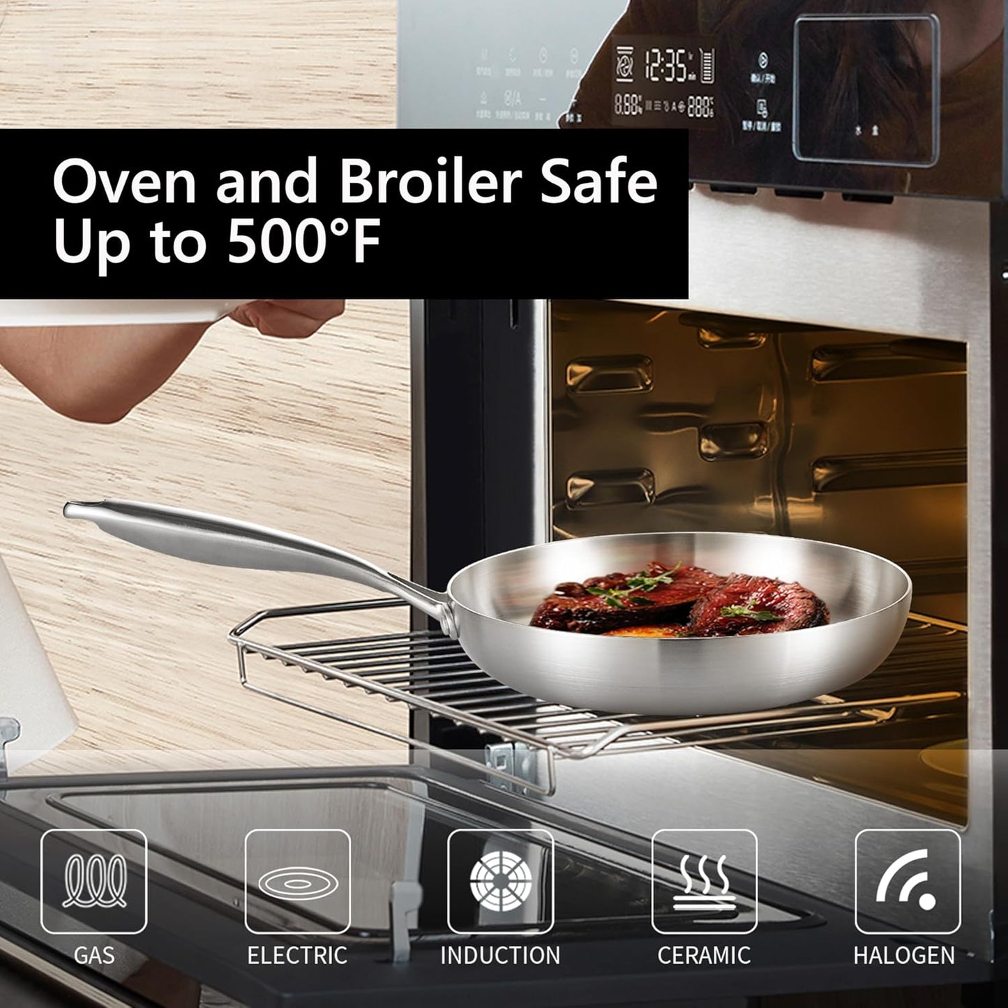 LOLYKITCH 12 Inch Tri-Ply Stainless Steel Frying Pan – Professional Skillet Fast & Even Heating, Induction & Oven Safe up to 500°F, Durable Cookware for Modern Home Kitchens, Detachable Handle