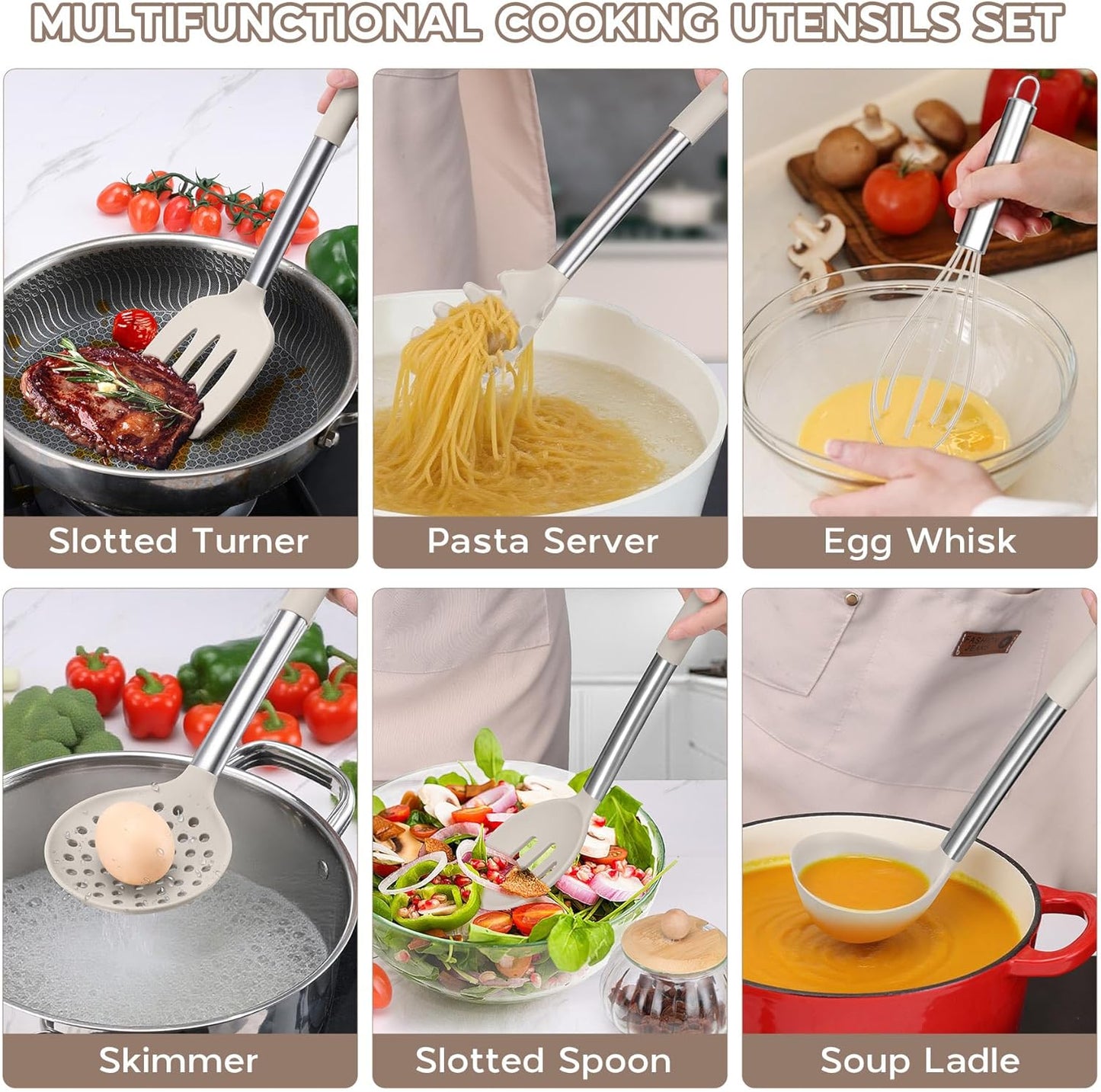 Onader Silicone Cooking Utensils Set of 15, Kitchen Utensils Set with Holder for Nonstick Cookware, 446°F Heat Resistant Stainless Steel Handle - Khaki