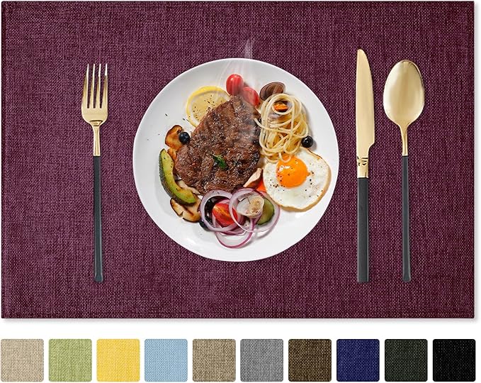 Romanstile Cloth Placemats Set of 8-12 x 18 Inch, Heat Resistant Double Layered Thickened Burlap Place Mats, Washable Linen Farmhouse Table Mats for Kitchen/Dining/Party/Outdoor, Purple