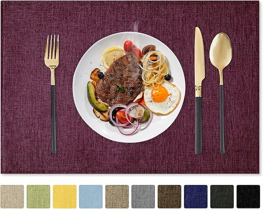 Romanstile Cloth Placemats Set of 8-12 x 18 Inch, Heat Resistant Double Layered Thickened Burlap Place Mats, Washable Linen Farmhouse Table Mats for Kitchen/Dining/Party/Outdoor, Purple
