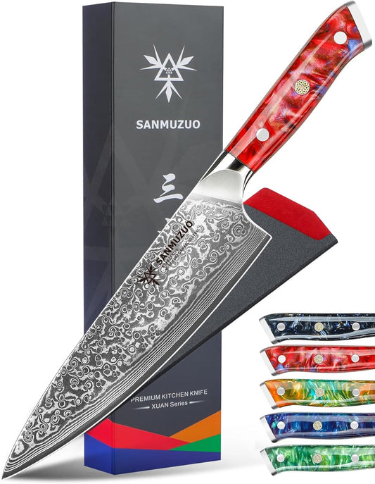 Chef Knife - 8 inch - Xuan Series - VG10 Damascus Steel Kitchen Knife - Resin Handle (Sunset Red)
