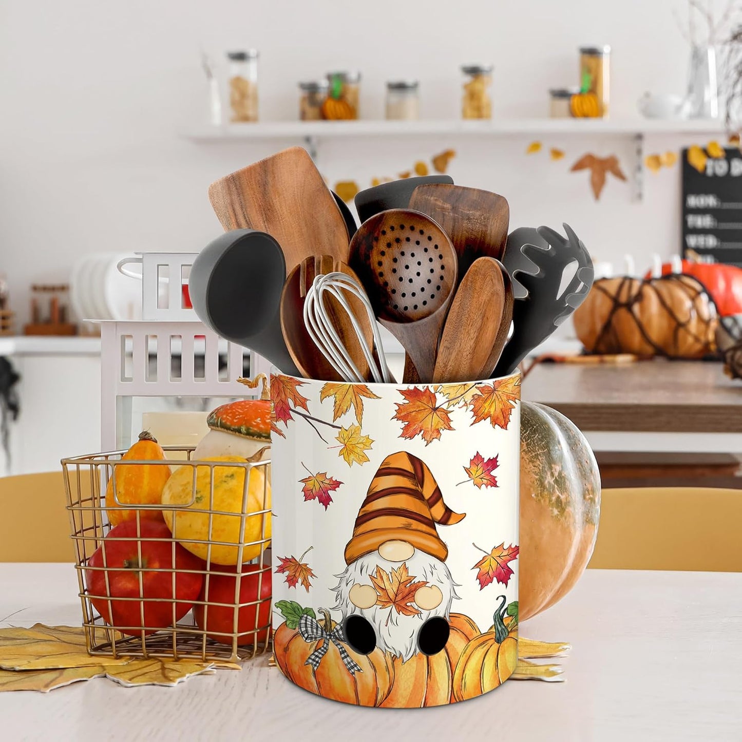 pinata Fall Thanksgiving Kitchen Decor Ceramic Utensil Holder, Farmhouse Fall Gnome Pumpkin Utensils Holder, Ceramic Utensils Crock for Rustic Indoor Kitchen Decorations(6.3 Inches)